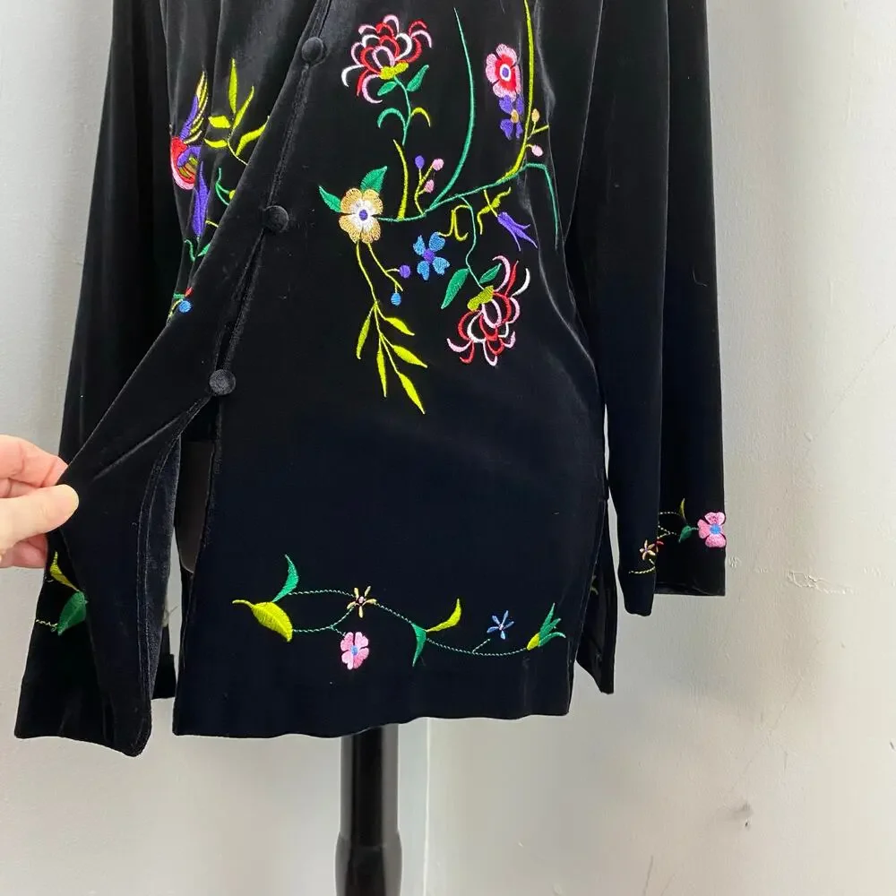 Susan Graver Black Velour Floral Embroidered Button Down Top Kimono Jacket Small - Picture 3 of 10